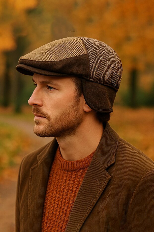 Patchwork Winter Wool British Cap - Foldable Sherpa Earflap Hat - 1