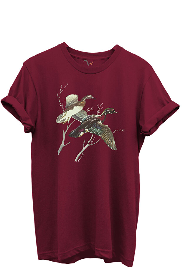 Flying Wild Ducks Illustration Printed 100% Cotton Regular Fit Crew Neck Unisex T-Shirt