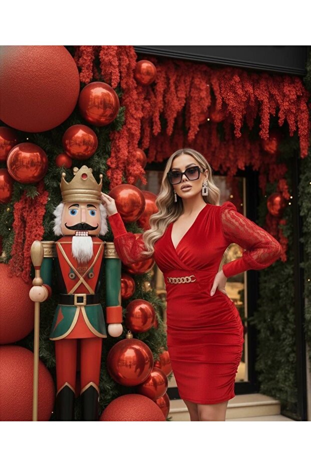Red Sleeves Lace Belt Detailed Dress