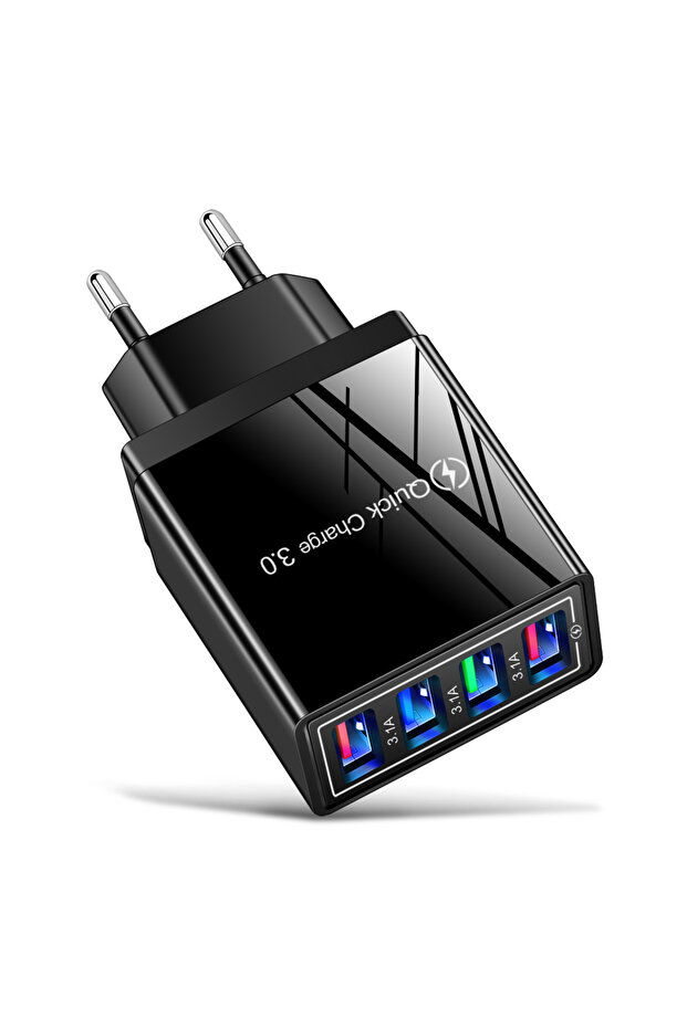 شاحن USB أسود بقابس أوروبي، يدعم الشحن السريع 3.0، مزود بأربعة منافذ، متوافق مع أجهزة iPhone وAndroid...
