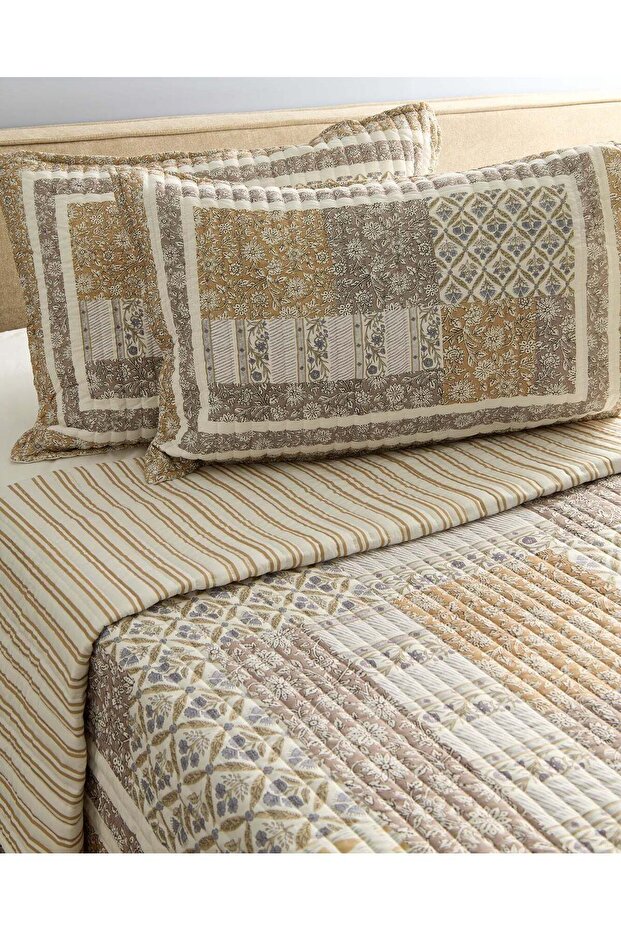 Beige 3 Piece Patchwork Printed Quilt (Double Size) - 4
