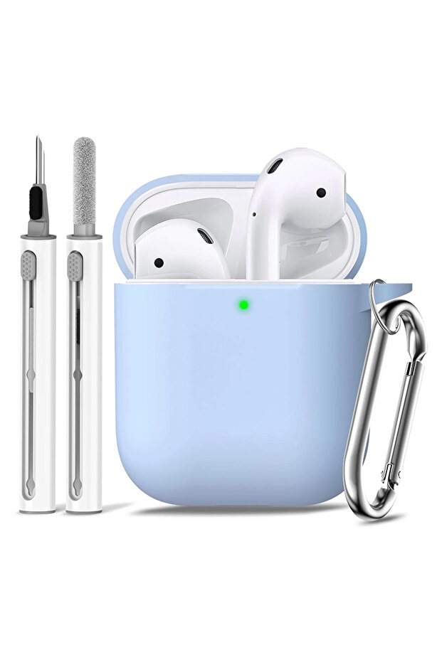 حافظات سيليكون زرقاء فاتحة مع خطاف لسماعات Airpods 1/2 اللاسلكية الواقية والمضادة للصدمات