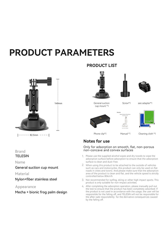 As show TELESIN Action Camera Holder Suction Cup For Gopro DJI OSMO Action Insta360 Smart Phone Hold