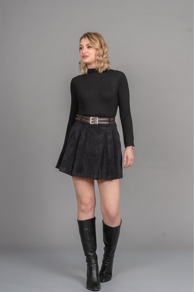 Women's Winter Black Corduroy Mini Skirt with Belt Stylish Daily Comfortable 6840