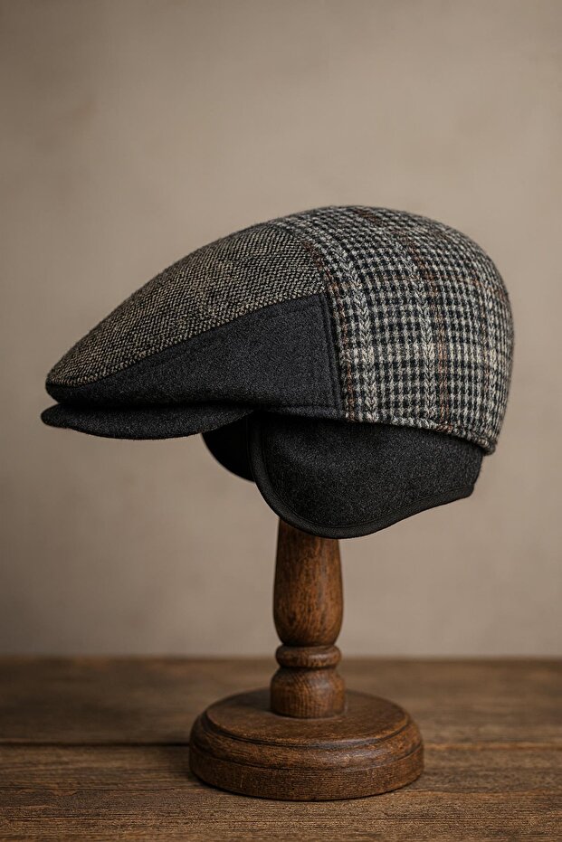 Patchwork Winter Wool British Cap - Foldable Sherpa Earflap Hat - 1