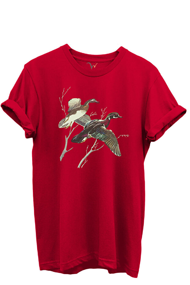 Flying Wild Ducks Illustration Printed 100% Cotton Regular Fit Crew Neck Unisex T-Shirt