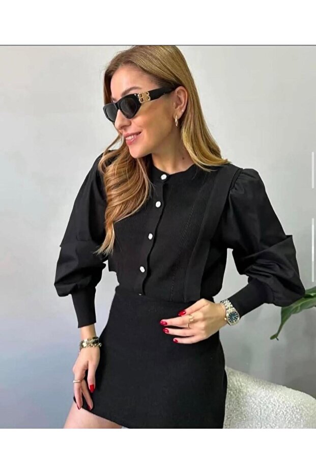 Classic Collar Button Detailed Balloon Sleeve Knitwear Blouse