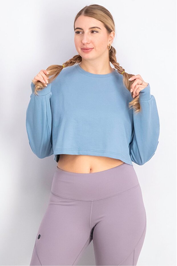 Women Crew Neck Long Sleeve Plain Top, Blue