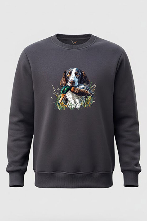 Hunting Hunting Dog and Duck Printed 100% Cotton Regular Fit Crew Neck 3 Thread Winter Sweatshirt