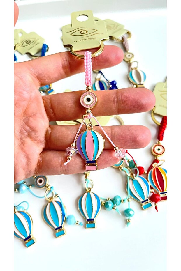 Pink Colored Balloon Patterned Evil Eye Beaded Keychain - 7