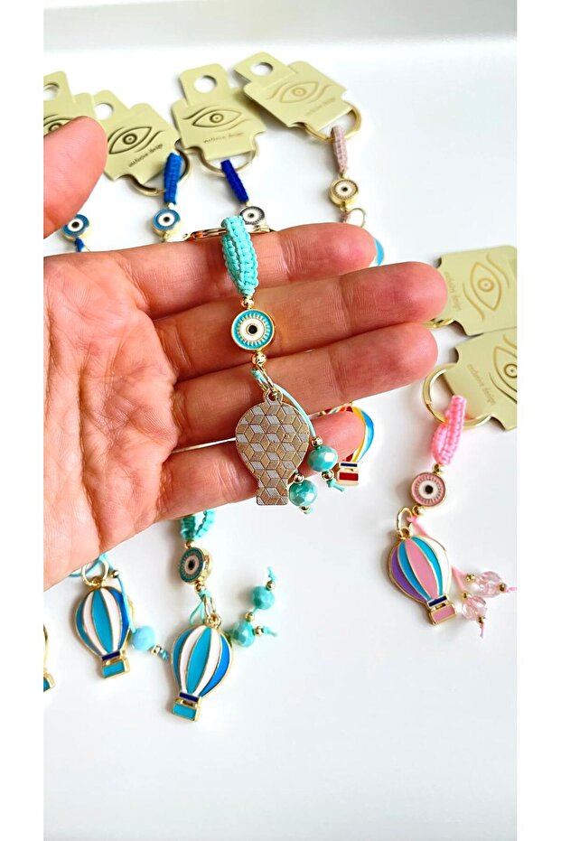 Light Green Colored Balloon Patterned Evil Eye Beaded Keychain - 3