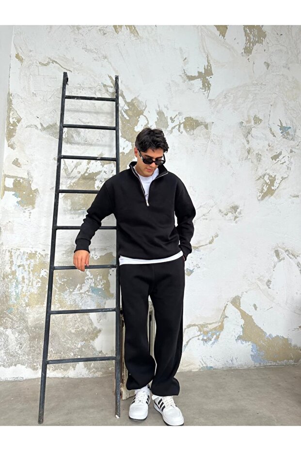 Siyah Oversize Basic Half-Zip - 4