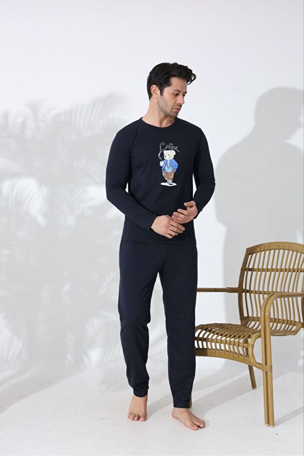 Men's Black Pajama Set Coffe Ayıcı Printed Soft Textured Premium Comfort Relaxed Fit