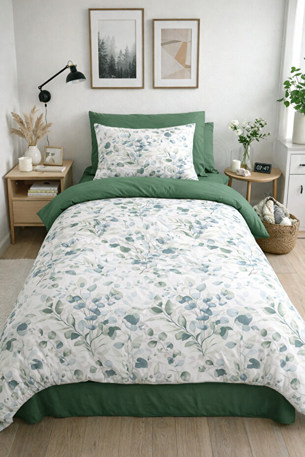 Single Duvet Cover Set with Fitted Sheet Eucalyptus Green