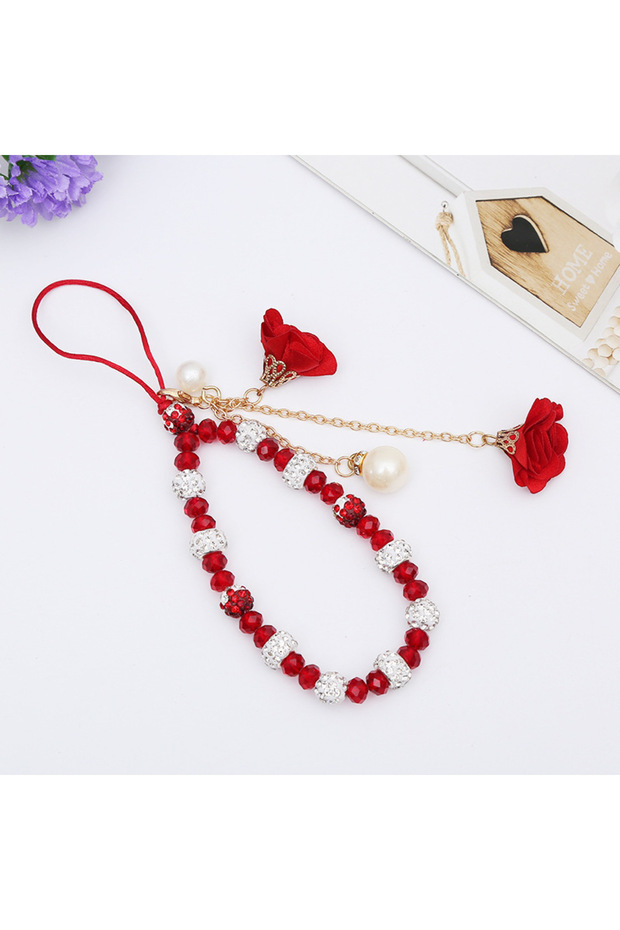 Red Short Mobile Phone Hanging Rope Creative Gypsum Flower Bracelet Wrist Rope Crystal Phone Case Pe