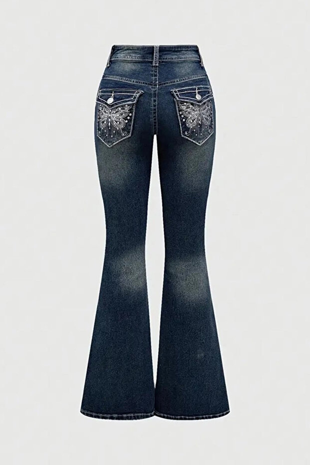 Navy Blue Buttefly Pocket Detailed Flared Y2K Pants