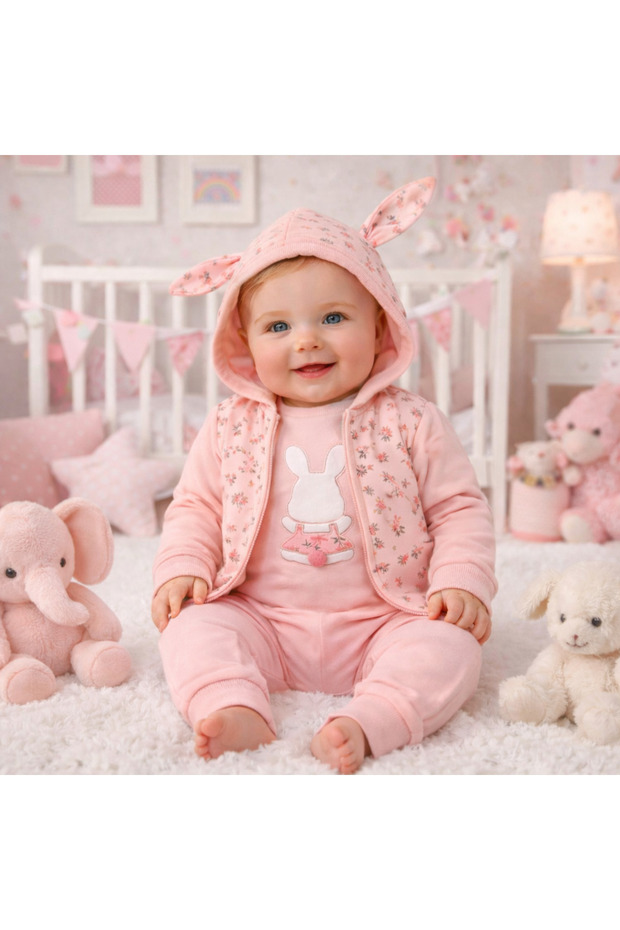 Rabbit Embroidered Floral Hooded 3-Piece Baby Set