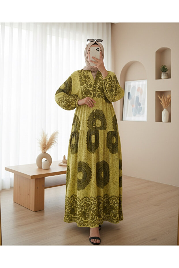 2423 Authentic Patterned Hijab Dress - Oil Green 2