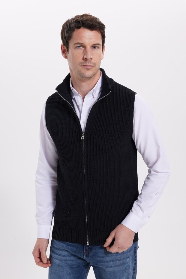 Men's Standard Fit Regular Cut Zippered Mock Neck Warm Black Knitwear Vest - 2