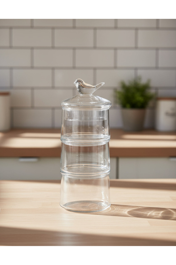 Clear Glass Partition Storage Jar With Bird Lid