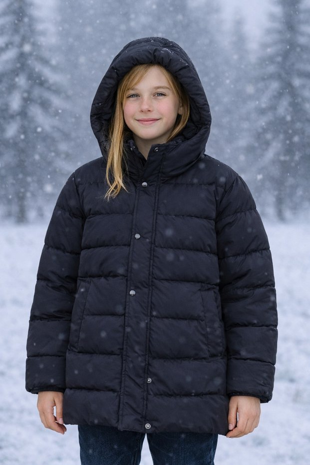 Girls' Coat with Detachable Fur Hood, Long Model, for Ages 6-15