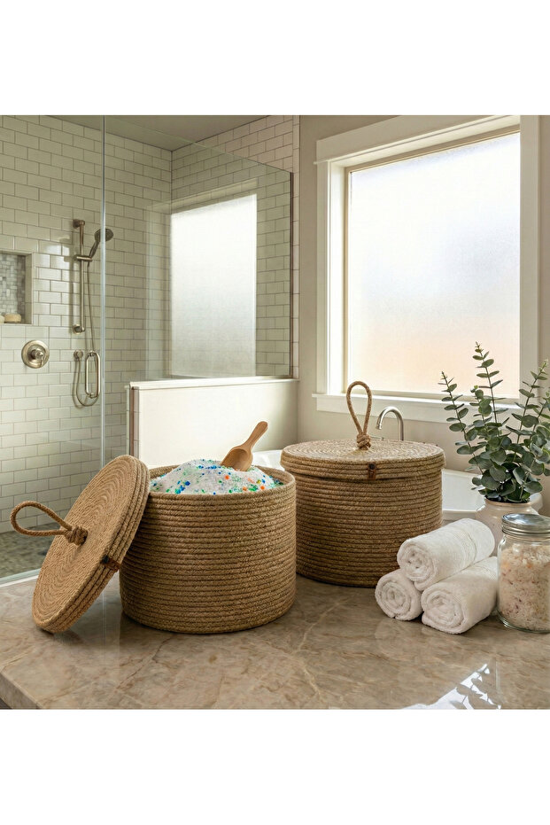 Set of 2 Rope Baskets with Lids 27X20 cm - Luxury Bathroom Organizer and Detergent Storage Box