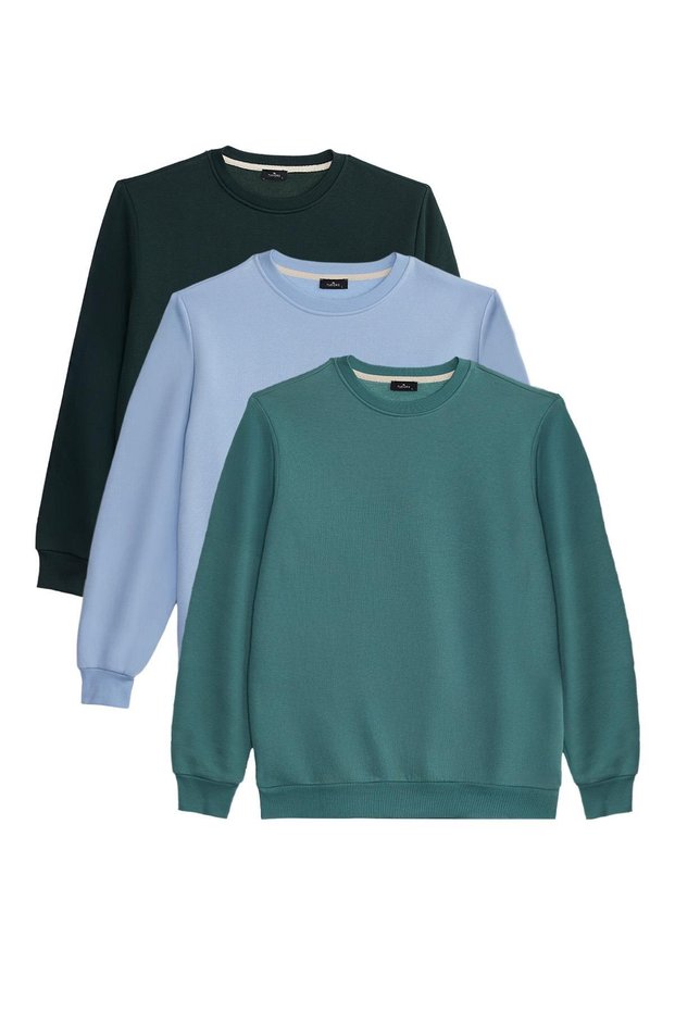Unisex 3-Pack Petrol-Blue-Green Relax Fit Cotton 3-Thread Inner Fleece Crew Neck Sweatshirt