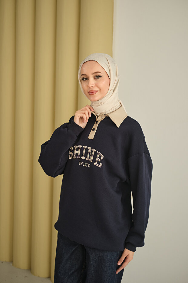 Women's Leather Collar Embroidered Sweat Navy Blue