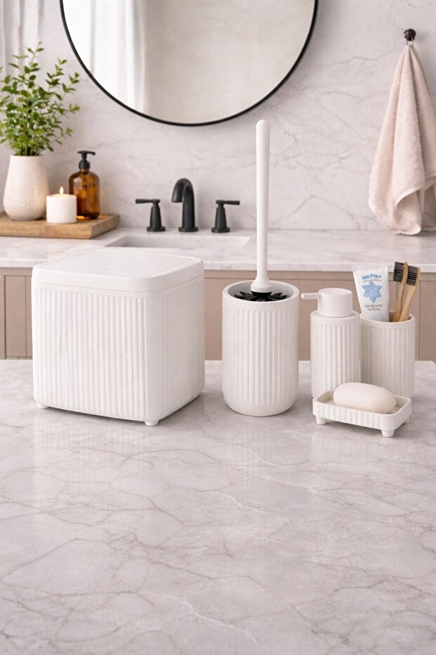 Modern Bathroom Accessories Set – Trash Can with Click Lid, Toilet Brush and Soap Dispenser Set (5 Pieces) Dc