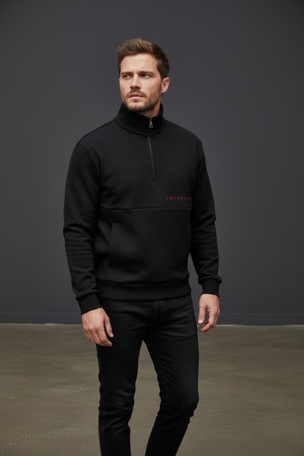 Interview Zippered Half Turtleneck Black Sweatshirt with Pockets