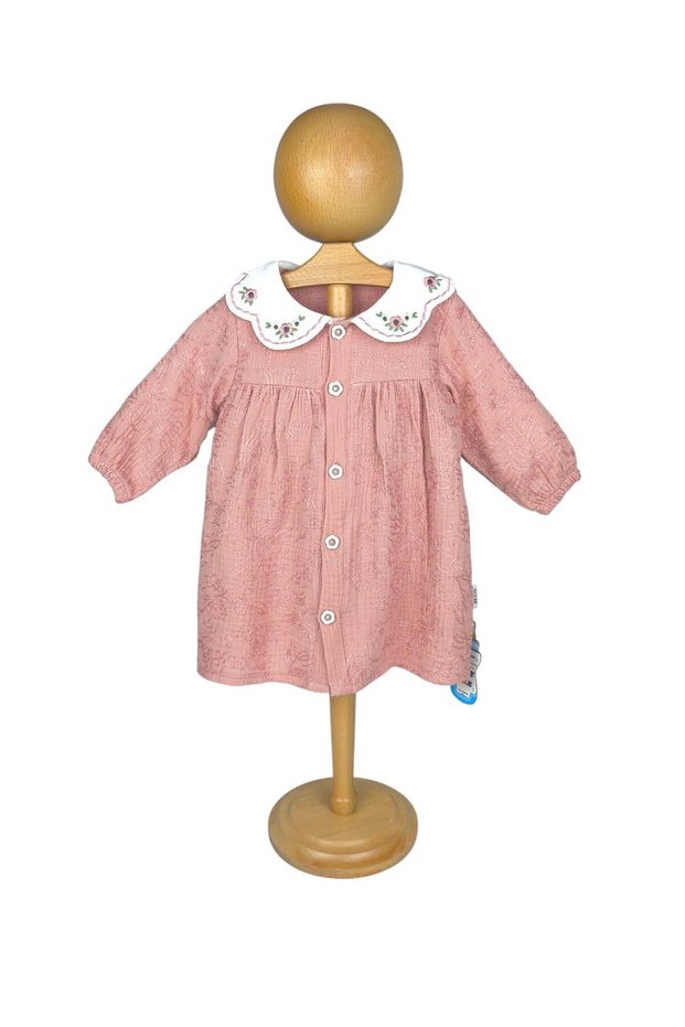 Baby Girl and Girl Child Festive Muslin Dress with Collar and Embroidery Button-Front