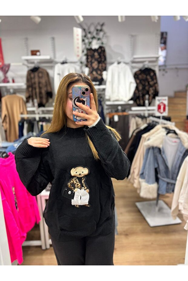 Teddy Figürlü Oversize Triko Kazak - 2