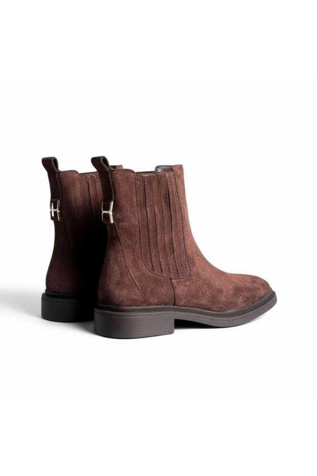 Brown Velvet Women's Chelsea Boots with Elastic Sides and Buckles