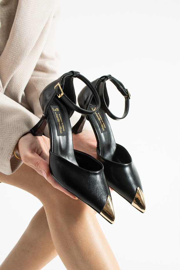 Celia Black Women's 7 cm Heeled Ankle Strap Shoes with Closed Front Pointed Toe and Gold Toe Detail