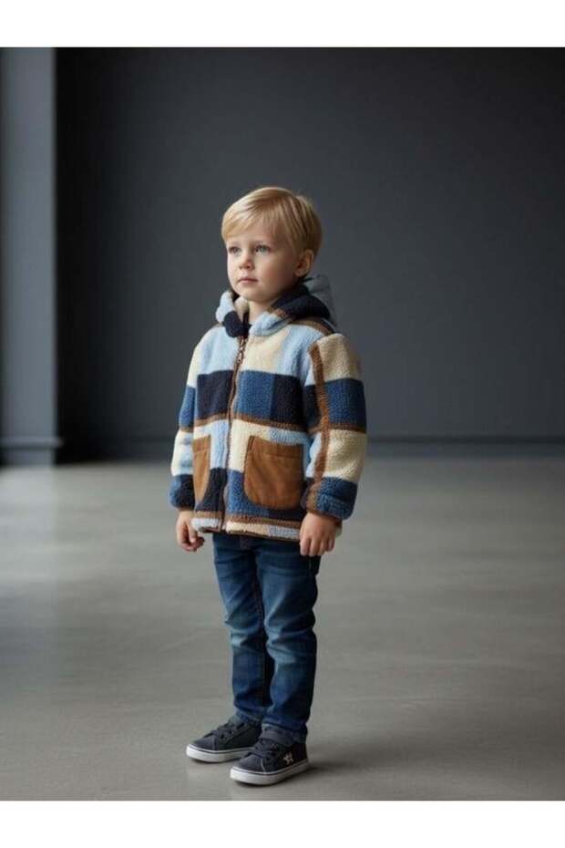 Boy's Plush Plaid Patterned Hooded Coat