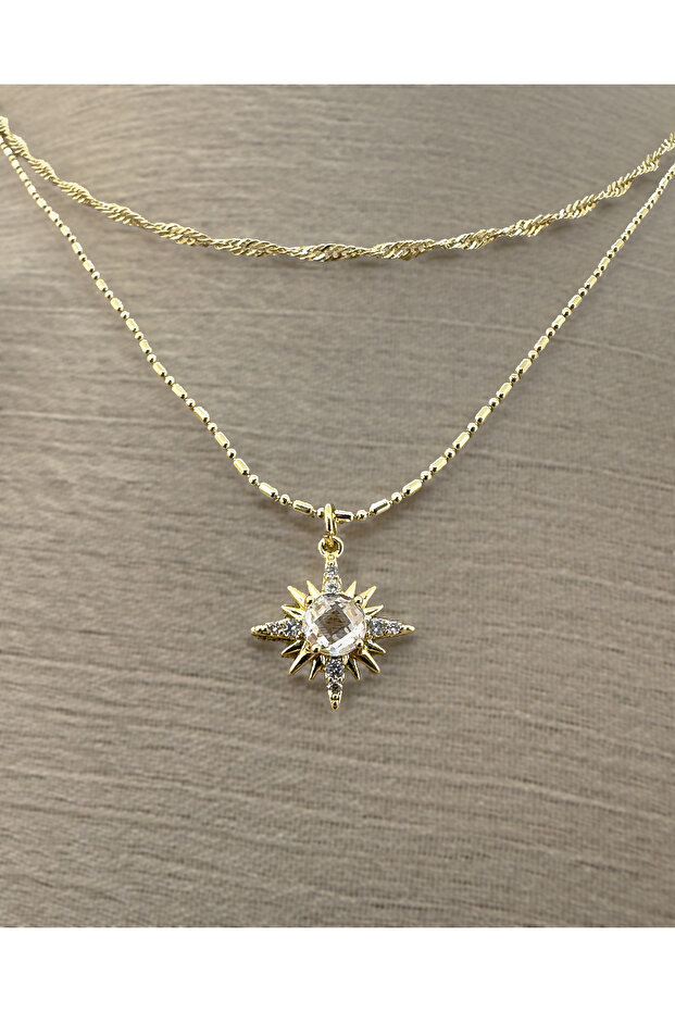 Double Chain North Star Steel Necklace - Golden North Star
