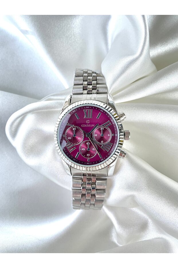 Coliseum Unisex Wristwatch – Purple Dial, Steel Band, Chronograph Detailing- Shipped with Box