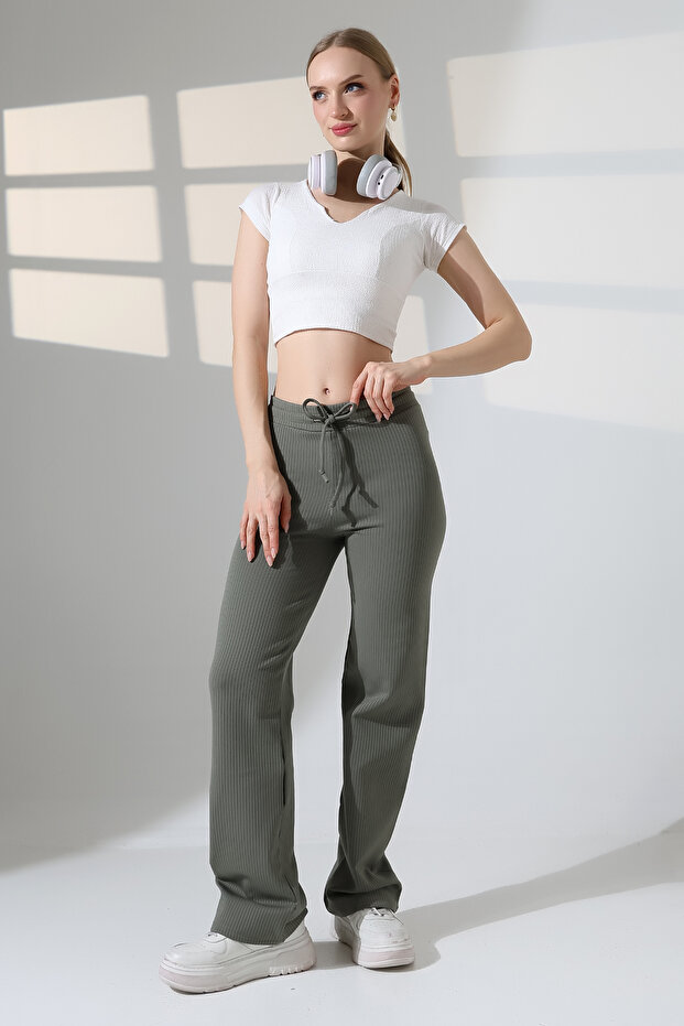 F Corded Fabric Wide Leg Sweatpants with Fleece Lining