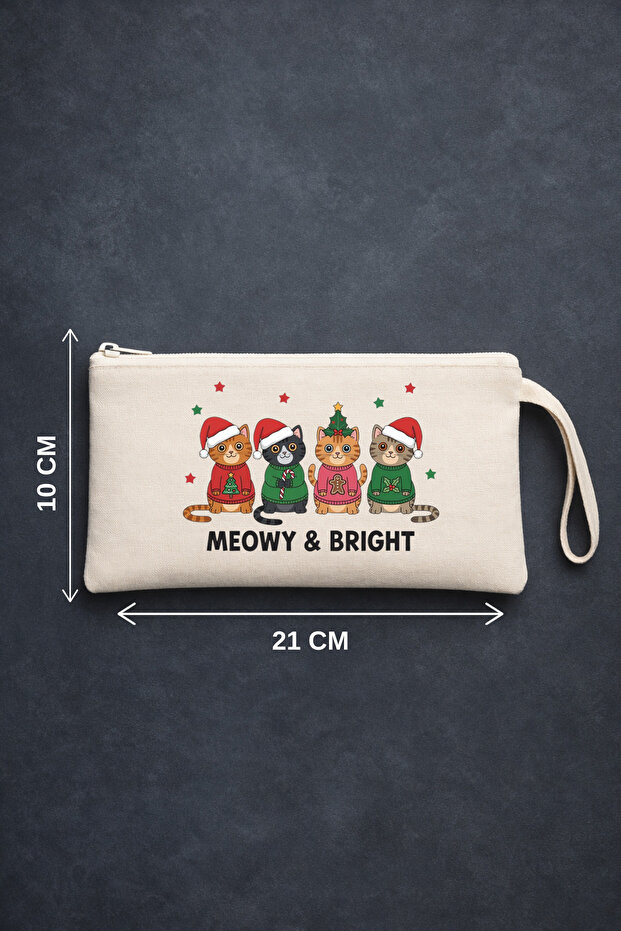 Meowy and Bright New Year Themed Cat Printed Zippered Cloth Pen Holder, Makeup Bag, Handbag