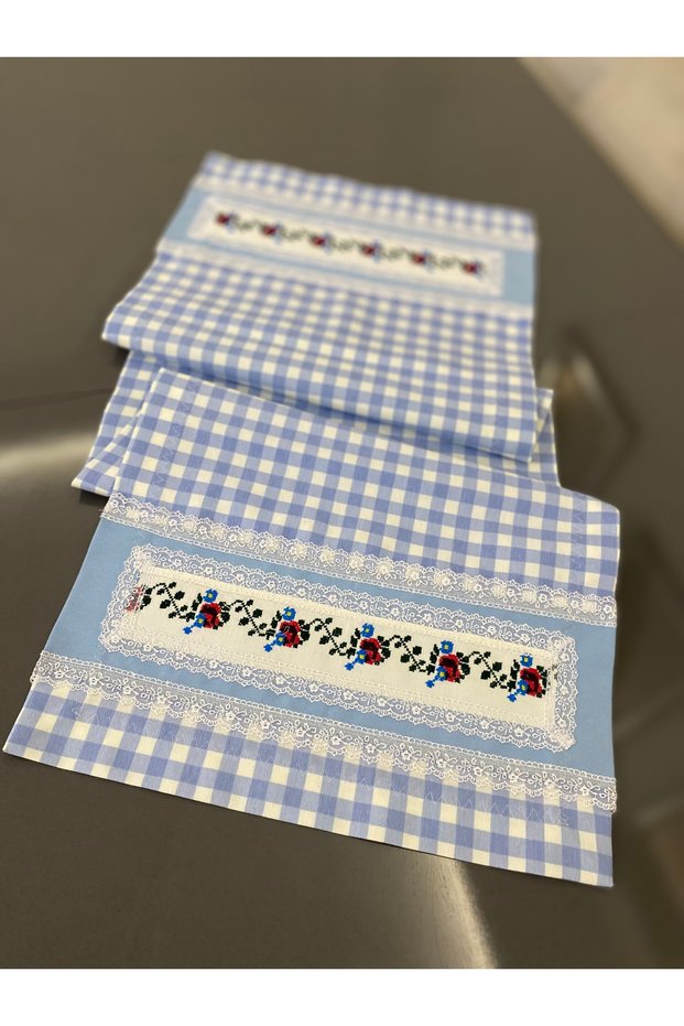 Blue Color Cross Stitch Detailed Runner (Any Color Can Be Made)