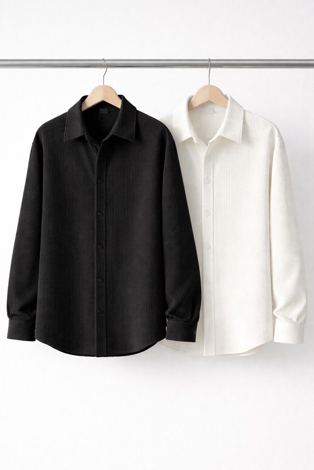 Set of 2 Men's Corded Fabric Textured Premium Long Sleeve Shirts
