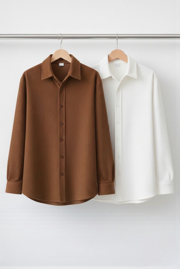 Set of 2 Men's Corded Fabric Textured Premium Long Sleeve Shirts