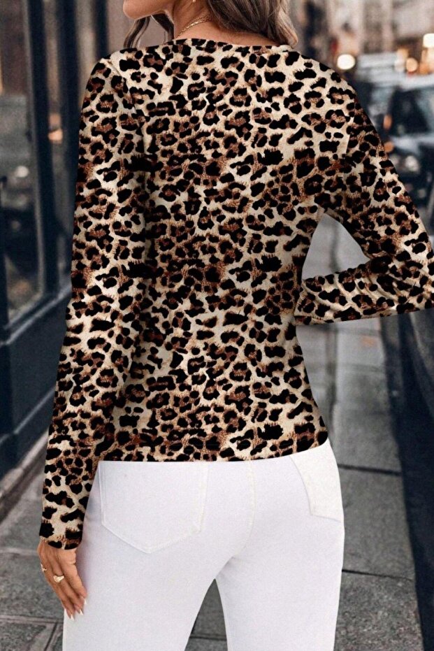 بلوزة طويلة الأكمام بنقشة الفهد - الفهد - 3