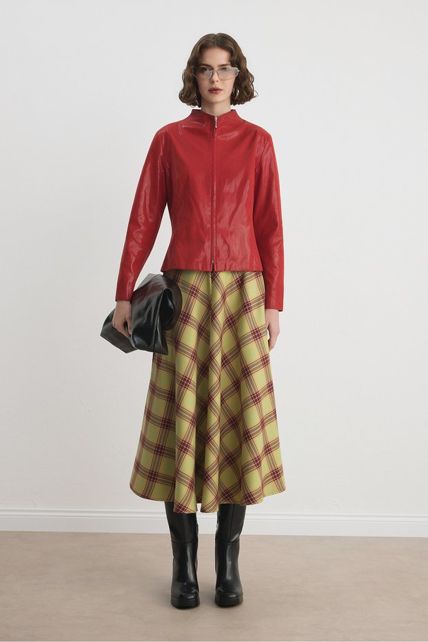 Oil Green Burgundy Plaid Cape Midi Skirt