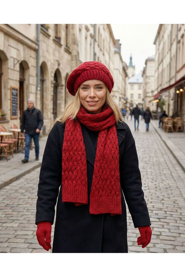 Women's City Texture Scarf Beanie Gloves Set of 3