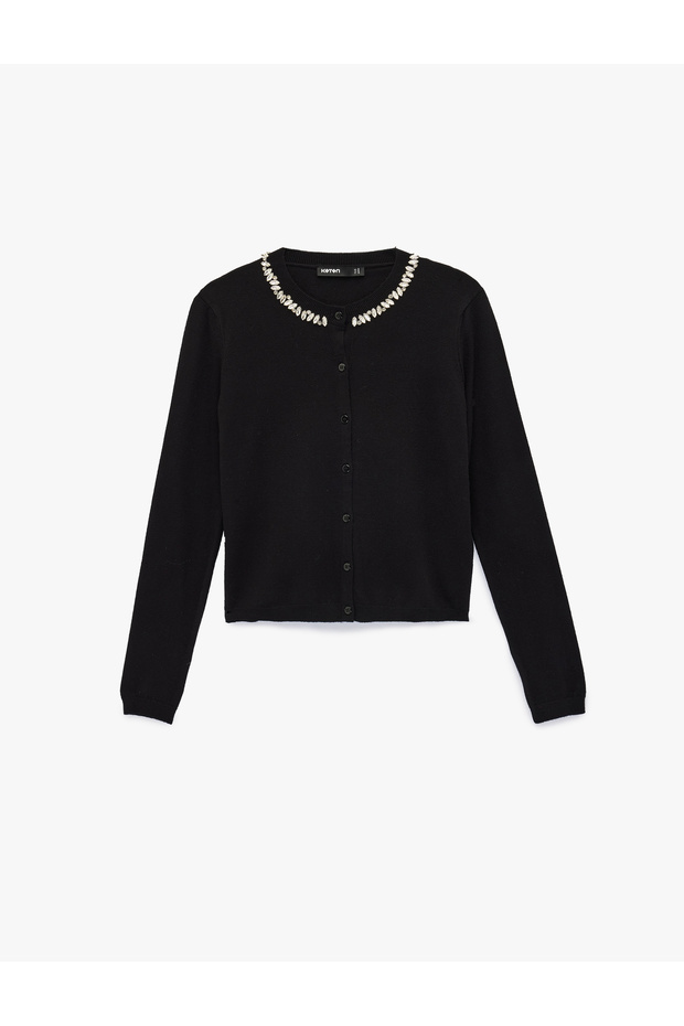Long Sleeve Buttoned Crew Neck Rhinestone Knit Cardigan