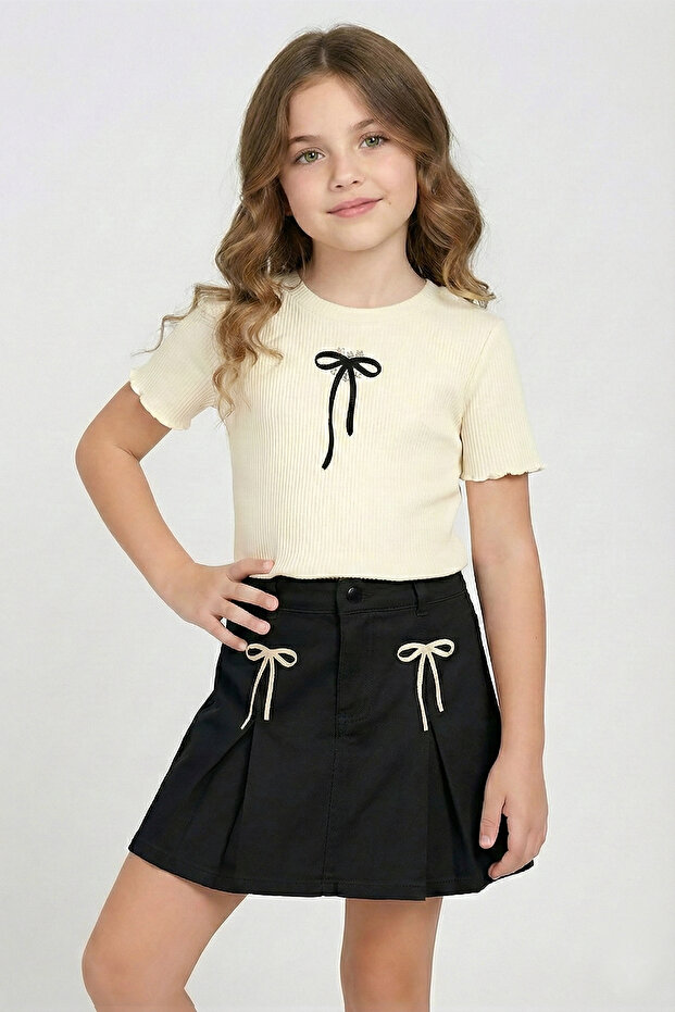 Girl's Bow Embroidered Gabardine Shorts Skirt