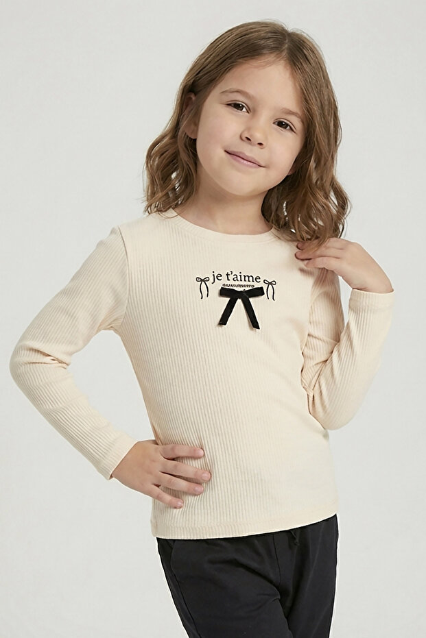 Girl's Bow Embroidered Ribbed Knit Long Sleeve Bodysuit