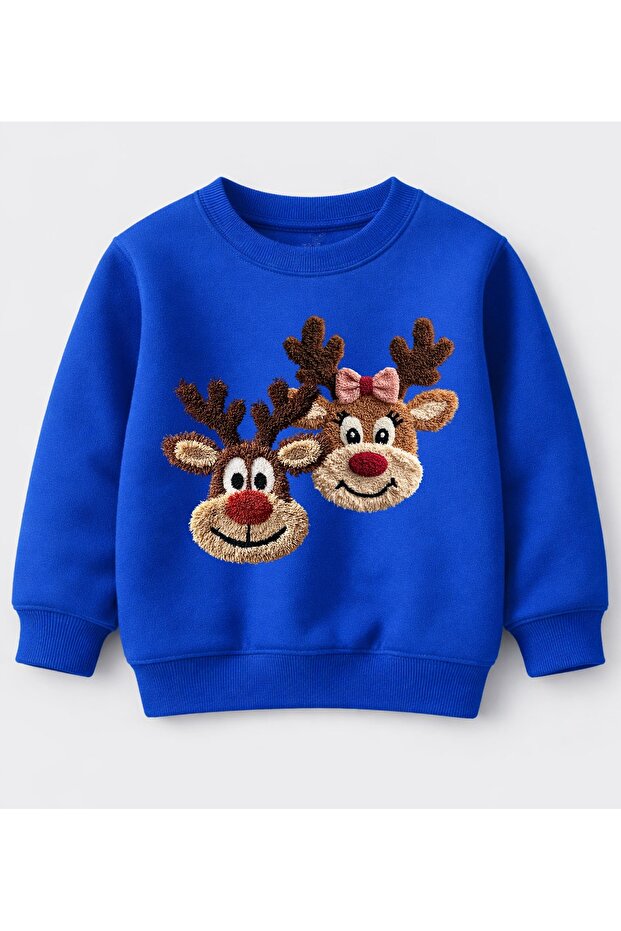 Sweatshirt 2 Deer Embroidery Image Printed Christmas New Year Cotton 3-Thread Unlined Children's Sweat