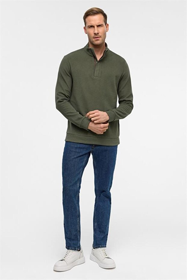 Haki Regular Düz Polo Yaka Sweatshirt - 7